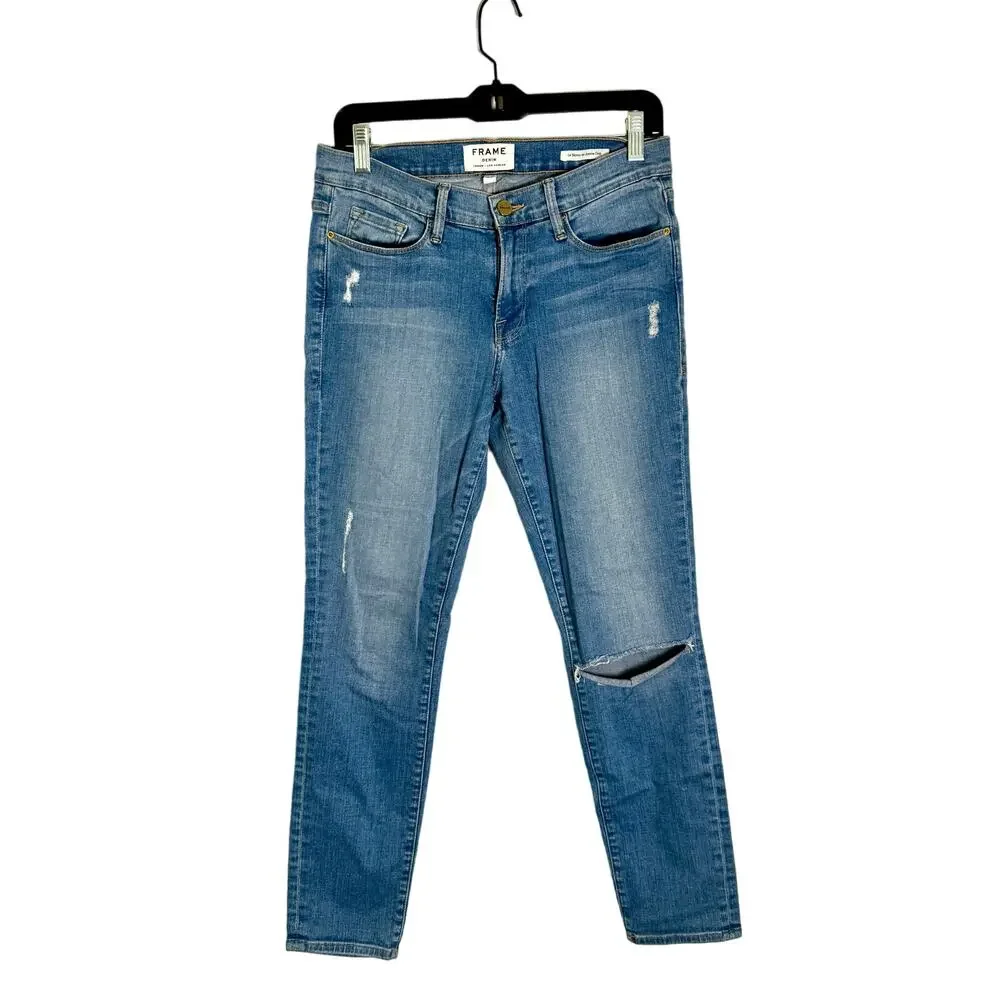 Frame Le Skinny de Jeanne Crop Jeans Womens 30 Everglade Blue Distressed Stretch - Picture 1 of 9